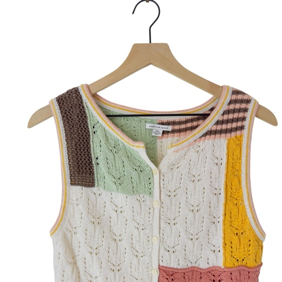 American Eagle Patchwork Crochet Button Front Tank Top Knit Multicolor Small - Picture 4 of 9